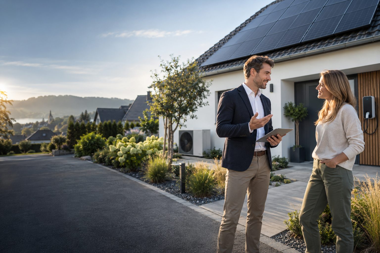 Energieberater im Gespräch mit einer Kundin vor einem Haus mit Photovoltaikanlage